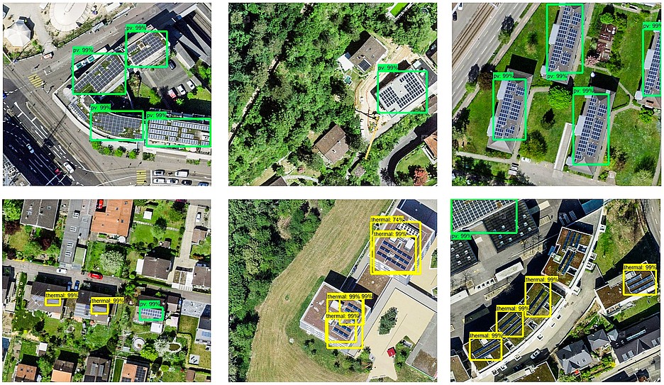 Ein erster, vorbereitender Schritt auf dem Weg des maschinellen Lernens: Ein Mensch markiert auf Luftbildern alle Solaranlagen mit einem Rahmen – die PV-Anlagen in Grün, die solarthermischen Anlagen in Gelb.