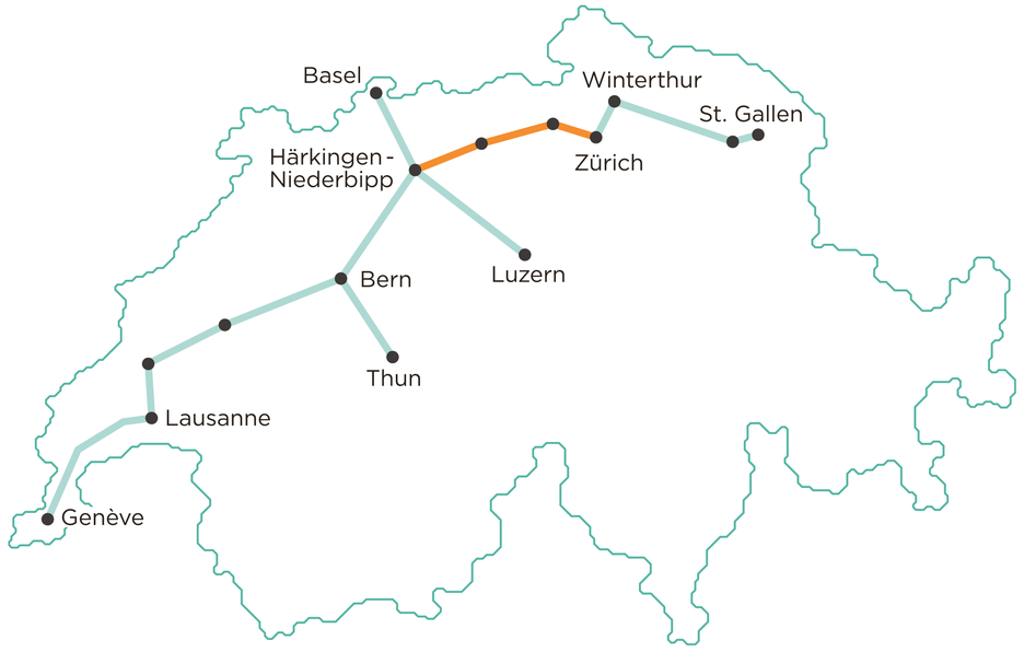 Das digitale Gesamtlogistiksystem will ab 2031 die grossen Zentren der Schweiz verbinden. In Orange die erste geplante Etappe.