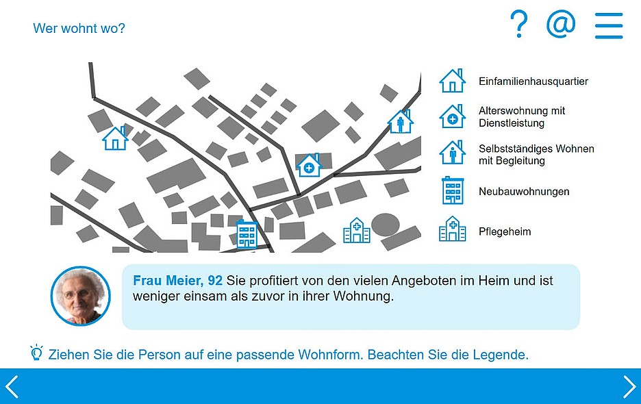 Im Modul kann spielerisch das eigene Wissen zu Wohnformen im Alter getestet werden (Auszug digitales Bildungsmodul «Wohnen im Alter», Mai 2022).