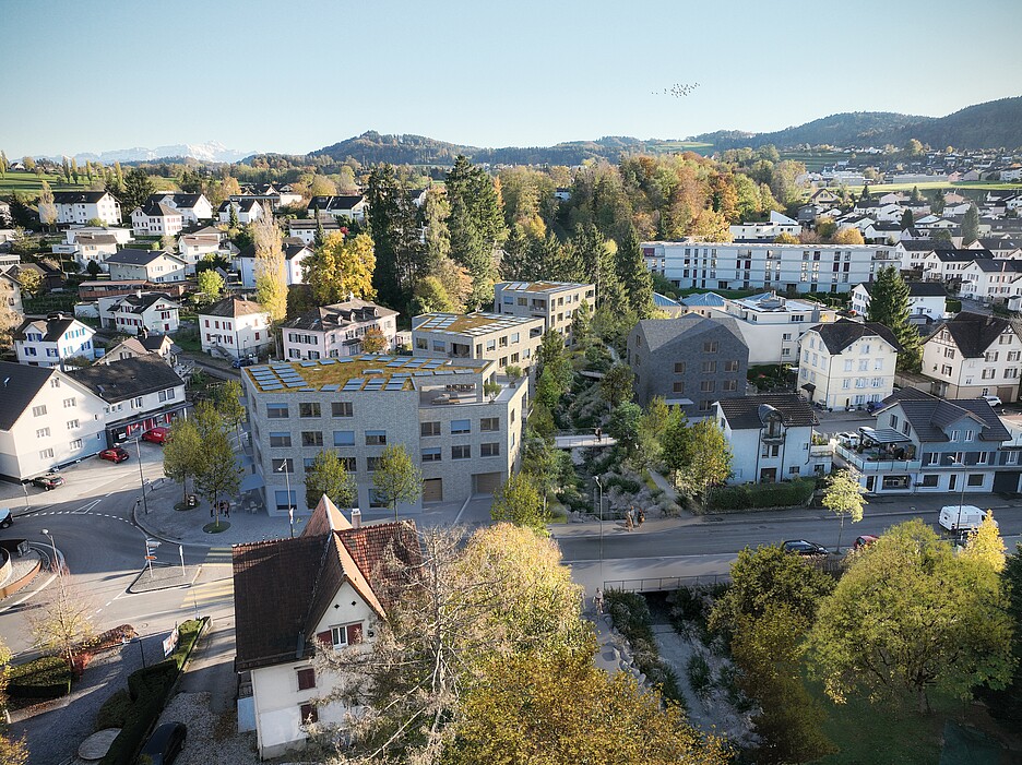 Im Rahmen einer Überbauung wird ein eingedolter Bach wieder offen gelegt.