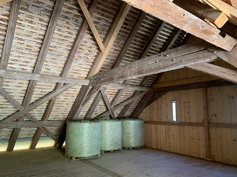 Sparrendach und Dachstuhl wurden ertüchtigt, das Heu kann so noch heute in der Tenne aufbewahrt werden.