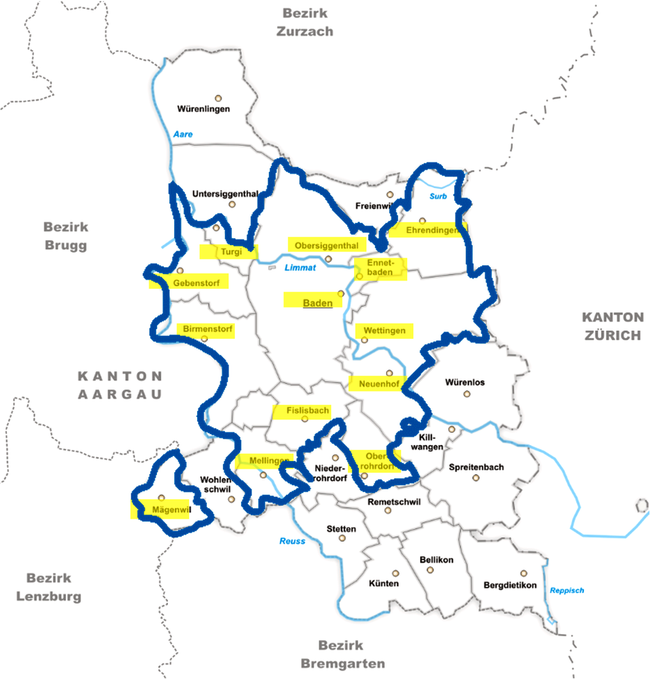 Blick auf die 13 Gemeinden des Bezirks Baden, die sich im Projekt der «Modellstadt» engagieren.