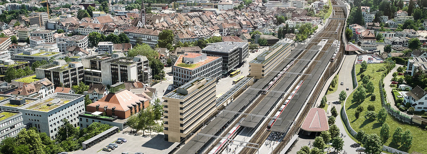 Der geplante Bahnhof Liestal nach seinem Umbau: Rechts im Bild die neuen Eingänge zu den Personenunterführungen sowie die Fuss- und Veloverbindung entlang der Bahn.