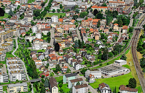 Eine Luftansicht der Partnergemeinde Gossau (SG), die in der interdisziplinären Projektgruppe «ArealPlus» mitentwickelt.