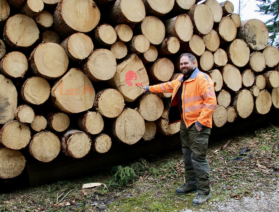 «Schweizer Holz» – Peter Piller zeigt auf eine Herkunftsmarkierung bei einem Stapel von frisch geschlagenem Holz.