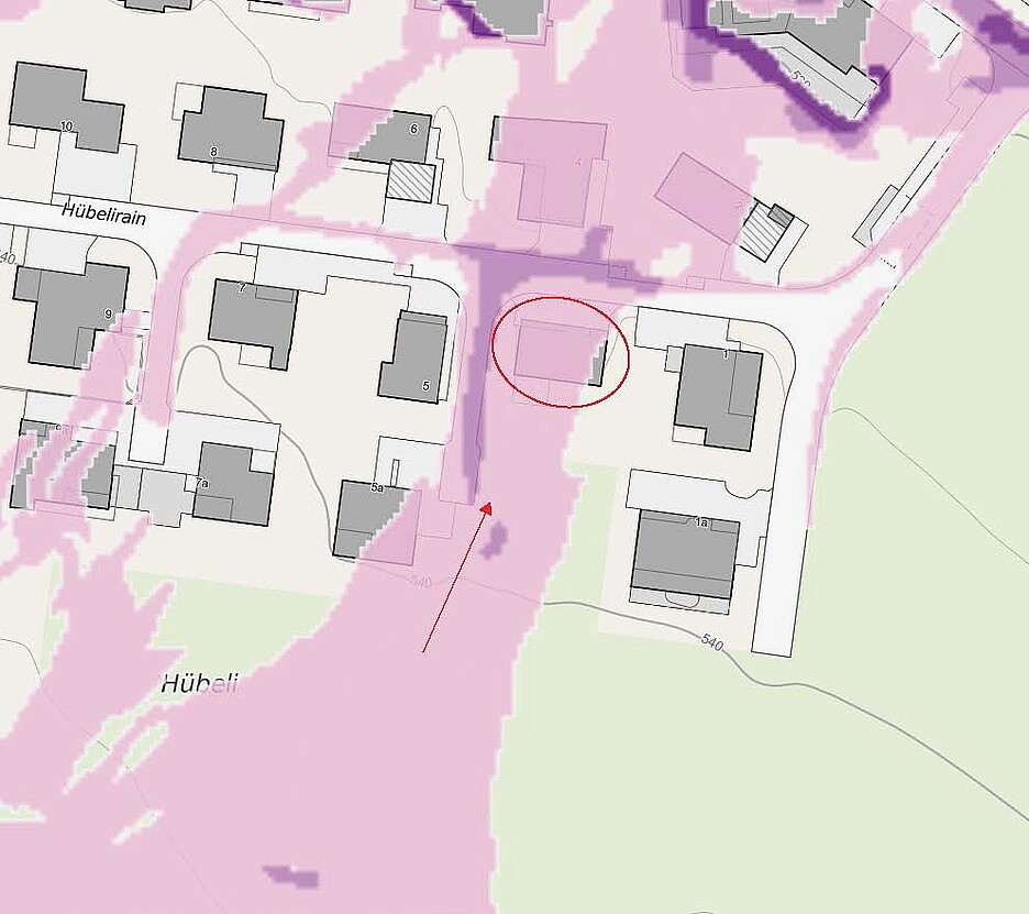 Ausschnitt aus der Gefährdungskarte Oberflächenabfluss der Gemeinde Nottwil (LU).