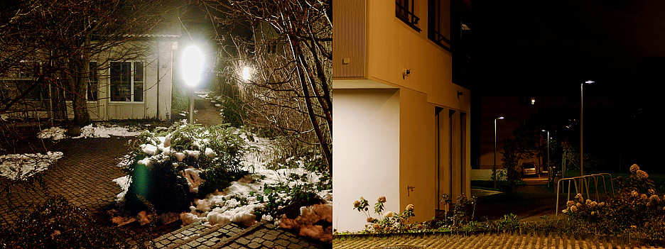 Ein Wohnquartier in Wallisellen vor (links) und nach der Umsetzung des Masterplans Licht.