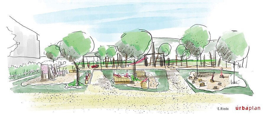 Skizze eines Spielplatzes in Orbe (VD), entstanden in einem Atelier.