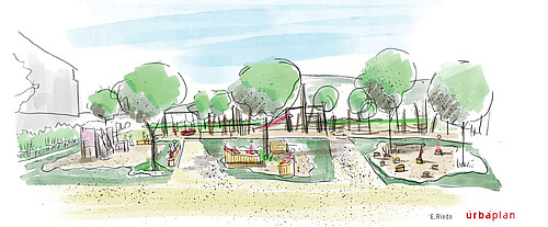 Skizze eines Spielplatzes in Orbe (VD), entstanden in einem Atelier.