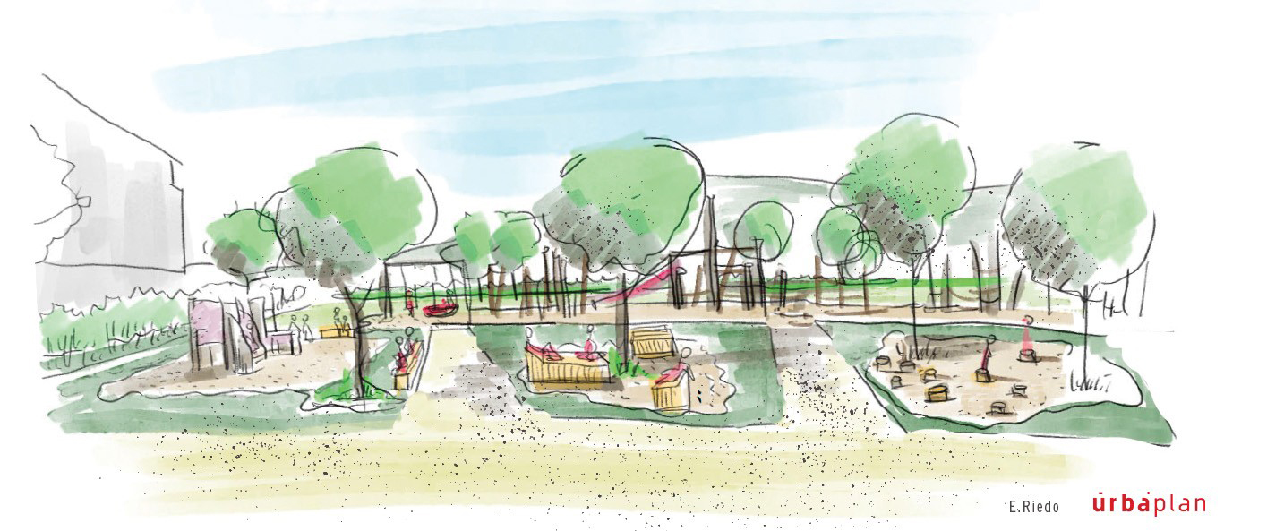 Skizze eines Spielplatzes in Orbe (VD), entstanden in einem Atelier.